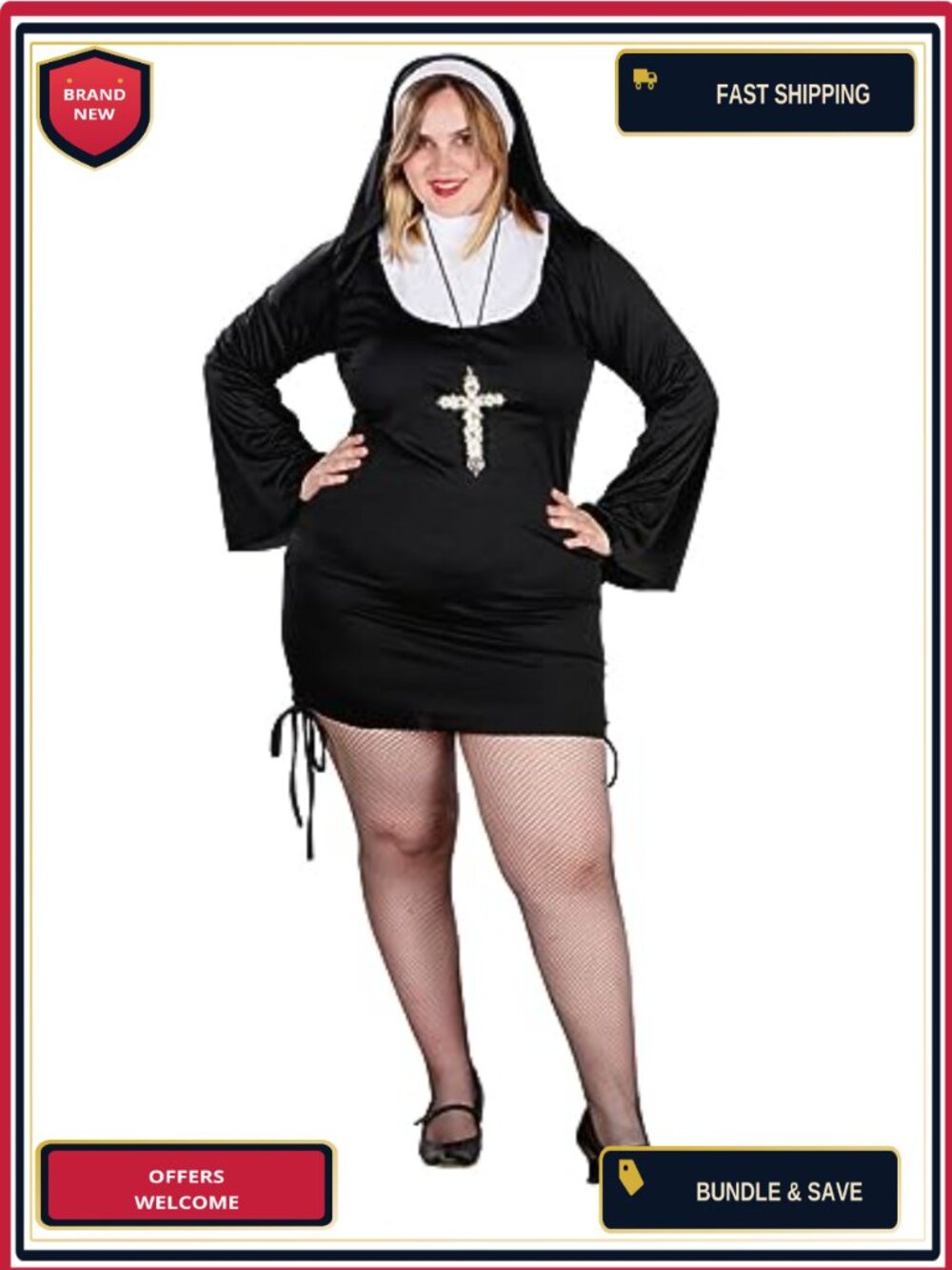 Plus Size Sexy Nun Costume Bell Sleeve Dress Wimple Halloween Fancy Dress